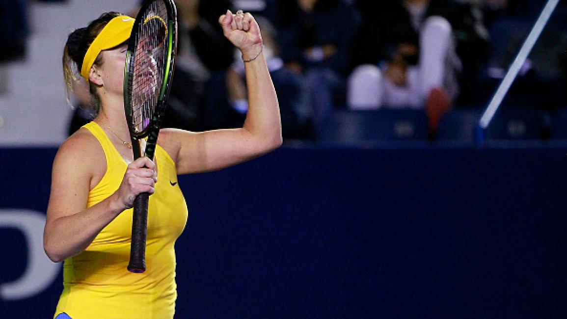 MONTERREY, MEXICO - MARCH 01: Elina Svitolina of Ukraine celebrates a point during a match between Anastasia Potapova of Russia and Elina Svitolina of Ukraine as part of Day 4 of the GNP Seguros WTA Monterrey Open 2022 at Estadio GNP Seguros on March 1, 2022 in Monterrey, Mexico. (Photo by Gonzalo Gonzalez/Jam Media/Getty Images)	