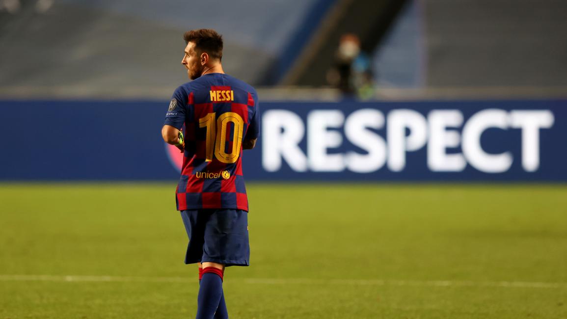 LISBON, PORTUGAL - AUGUST 14: Lionel Messi of FC Barcelona looks dejected following his team's defeat in the UEFA Champions League Quarter Final match between Barcelona and Bayern Munich at Estadio do Sport Lisboa e Benfica on August 14, 2020 in Lisbon, Portugal. (Photo by Rafael Marchante/Pool via Getty Images)