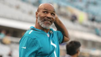 JACKSONVILLE, FL - SEPTEMBER 19: Former boxing champion Mike Tyson looks on during the game between the Tennessee Titans and the Jacksonville Jaguars on September 19, 2019 at TIAA Bank Field in Jacksonville, Fl.(Photo by David Rosenblum/Icon Sportswire via Getty Images)