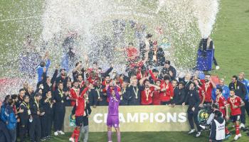 Ahly's players celebrate winning the CAF Champions League Final football match between Egyptian sides Zamalek and Al-Ahly at the Cairo International Stadium in Egypt's capital on November 27, 2020. (Photo by Khaled DESOUKI / AFP) (Photo by KHALED DESOUKI/AFP via Getty Images)