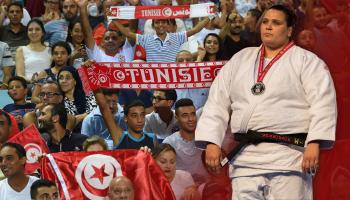 DUSSELDORF, GERMANY, FEBRUARY 25: Over 78kg silver medallist, Nihel Cheikh Rouhou of Tunisia during the 2018 Dusseldorf Grand Slam (23-25 February) at the ISS Dome on on February 25, 2018 Dusseldorf, Germany. (Photo by David Finch/Getty Images)