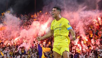 TAIF, SAUDI ARABIA - AUGUST 03: Fans of Al Nassr show their support during the Arab Club Champions Cup Group C match between Al Nassr and Zamalek at the King Fahd Sports City in Taif, Saudi Arabia on August 03, 2023. (Photo by Stringer/Anadolu Agency via Getty Images)