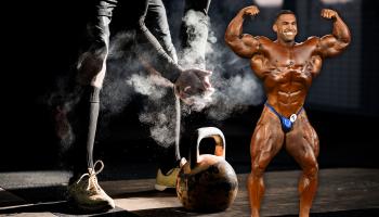 LAS VEGAS, NEVADA - DECEMBER 17, 2022: Derek Lunsford competes in the Mr. Olympia event during the Olympia Fitness & Performance weekend at Planet Hollywood Resort and Casino on December 17, 2022 in Las Vegas, Nevada. (Photo by Chris Bernacchi/Diamond Images via Getty Images)